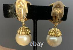 Vintage St John Green Gripoix & Rhinestone Dangling Faux Pearl Clip Earrings