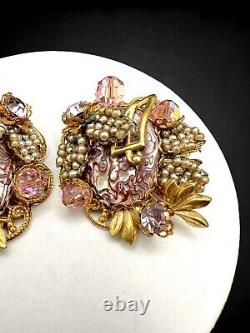 Vintage Stanley Hagler NYC Abalone Pink Crystal Rhinestone Beaded Clip Earrings