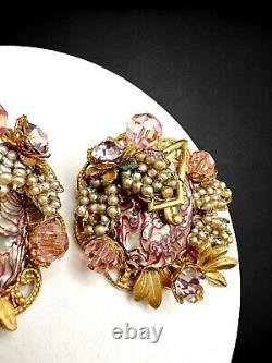 Vintage Stanley Hagler NYC Abalone Pink Crystal Rhinestone Beaded Clip Earrings