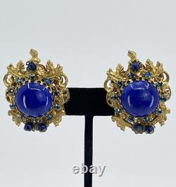 Vintage Stanley Hagler NYC clip Earrings blue cabochons rhinestones filigree