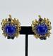 Vintage Stanley Hagler NYC clip Earrings blue cabochons rhinestones filigree