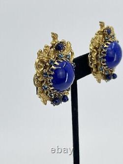 Vintage Stanley Hagler NYC clip Earrings blue cabochons rhinestones filigree