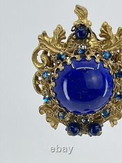 Vintage Stanley Hagler NYC clip Earrings blue cabochons rhinestones filigree