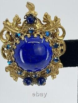 Vintage Stanley Hagler NYC clip Earrings blue cabochons rhinestones filigree