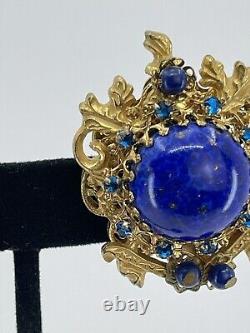 Vintage Stanley Hagler NYC clip Earrings blue cabochons rhinestones filigree