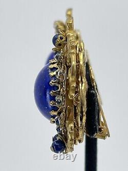 Vintage Stanley Hagler NYC clip Earrings blue cabochons rhinestones filigree