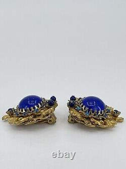 Vintage Stanley Hagler NYC clip Earrings blue cabochons rhinestones filigree