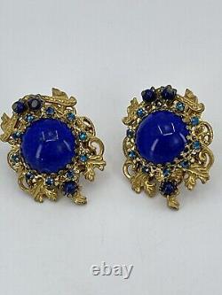 Vintage Stanley Hagler NYC clip Earrings blue cabochons rhinestones filigree