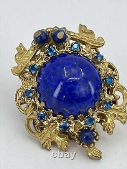 Vintage Stanley Hagler NYC clip Earrings blue cabochons rhinestones filigree