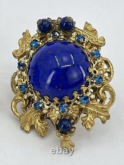 Vintage Stanley Hagler NYC clip Earrings blue cabochons rhinestones filigree