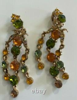 Vintage Statement Rhinestone Earrings Mid Century Clip On Multicolor Jewelry