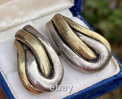 Vintage Sterling Silver Bat Ami Clip On Earrings Modernist Large Brass Israel