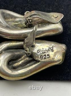 Vintage Sterling Silver Bat Ami Clip On Earrings Modernist Large Brass Israel
