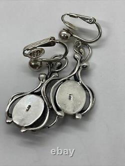 Vintage Sterling Silver Earrings 925 Clip On Dangle Modernist Amber