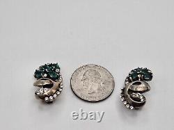Vintage Sterling Silver Pat Pending Green And Clear Rhinestones Clip On Earrings