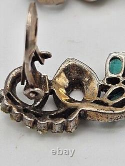 Vintage Sterling Silver Pat Pending Green And Clear Rhinestones Clip On Earrings
