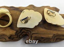 Vintage Sterling Silver & Resin Clip Earrings And Ring Statement Jewelry Set