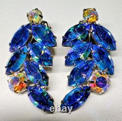 Vintage THELA DEUTSCH Blue and AB Rhinestone Signed 2 Clip on Earrings