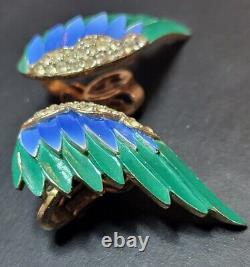 Vintage Trifari Bird Wings Green Blue Enamel Rhinestones Gold Tone Clip Earrings