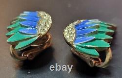 Vintage Trifari Bird Wings Green Blue Enamel Rhinestones Gold Tone Clip Earrings