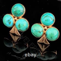 Vintage Turquoise 14k Yellow Gold Earrings Clips Retro Mid Century Clubs Estate