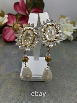 Vintage Unsigned Miriam Haskell Rhinestone Faux Pearl Statement Clip-on Earrings