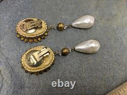 Vintage Unsigned Miriam Haskell Rhinestone Faux Pearl Statement Clip-on Earrings