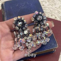 Vintage VENDOME Earrings Crystal Aurora Borealis Clip On Signed