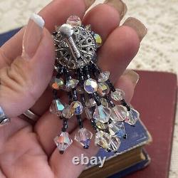 Vintage VENDOME Earrings Crystal Aurora Borealis Clip On Signed