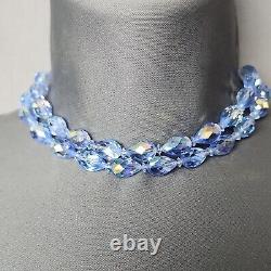 Vintage Vendome Blue AB Crystal Choker Necklace & Earrings Set Clip On Estate
