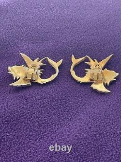 Vintage Very Rare Koi Fish Clip On Earrings Gold Tone Metal Crystal Gemstones