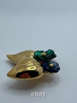 Vintage Vogue Bijoux Signed Glass Flower Gold Tone Leaf Clip On Earrings
