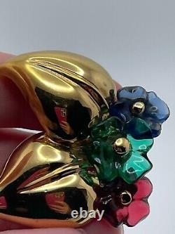Vintage Vogue Bijoux Signed Glass Flower Gold Tone Leaf Clip On Earrings
