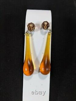Vintage Vogue Signed Gold Tone Amber Color Brown Glass Dangle Clip Earrings