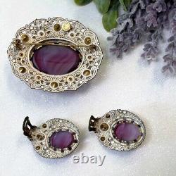 Vintage WEST GERMANY Lavender Glass White Lacy Filigree Brooch Clip Earrings