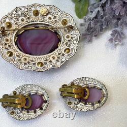 Vintage WEST GERMANY Lavender Glass White Lacy Filigree Brooch Clip Earrings
