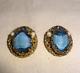 Vintage W. Germany Blue Glass, Faux Pearl & Gold Tone Filigree Clip On Earrings