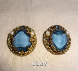 Vintage W. Germany Blue Glass, Faux Pearl & Gold Tone Filigree Clip On Earrings