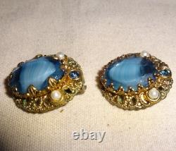 Vintage W. Germany Blue Glass, Faux Pearl & Gold Tone Filigree Clip On Earrings