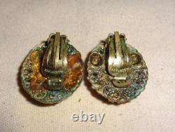 Vintage W. Germany Blue Glass, Faux Pearl & Gold Tone Filigree Clip On Earrings