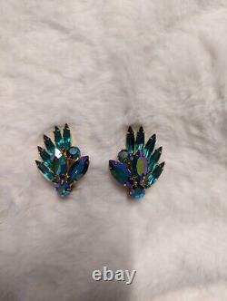 Vintage Weiss Signed AB Aurora Borealis Brooch and Clip Earrings Peacock Green