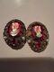 Vintage West Germany Earrings Gold Tone Cameo Clip On Pearl Red Gemstone