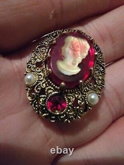 Vintage West Germany Earrings Gold Tone Cameo Clip On Pearl Red Gemstone