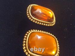 Vintage YSL Yves Saint Laurent Amber Glass Cabochon on Gold tone Earrings Clip