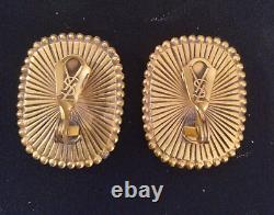 Vintage YSL Yves Saint Laurent Amber Glass Cabochon on Gold tone Earrings Clip
