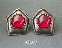 Vintage YSL Yves Saint Laurent Clip on Earrings Big Gunmetal Red Gripoix Glass