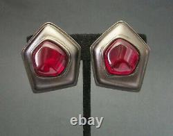 Vintage YSL Yves Saint Laurent Clip on Earrings Big Gunmetal Red Gripoix Glass