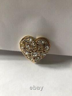 Vintage YSL Yves Saint Laurent Crystal Gold Brass Heart Clip-On Earrings