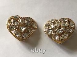 Vintage YSL Yves Saint Laurent Crystal Gold Brass Heart Clip-On Earrings