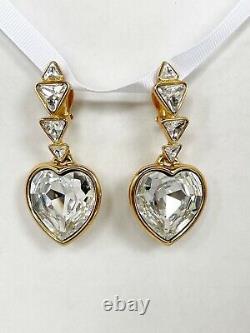 Vintage YSL Yves Saint Laurent Crystal Heart Drop Clip Earrings